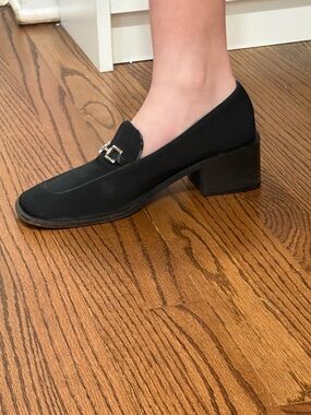 Black Block Gucci Heel Loafers with Silver Bit Accent
